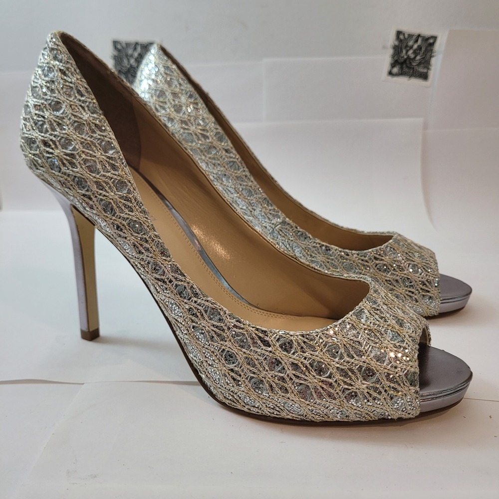 Enzo Angiolini EAMAIVEN Peep Toe Pump Womens 8.5M Silver Gold Metallic Mesh Heel